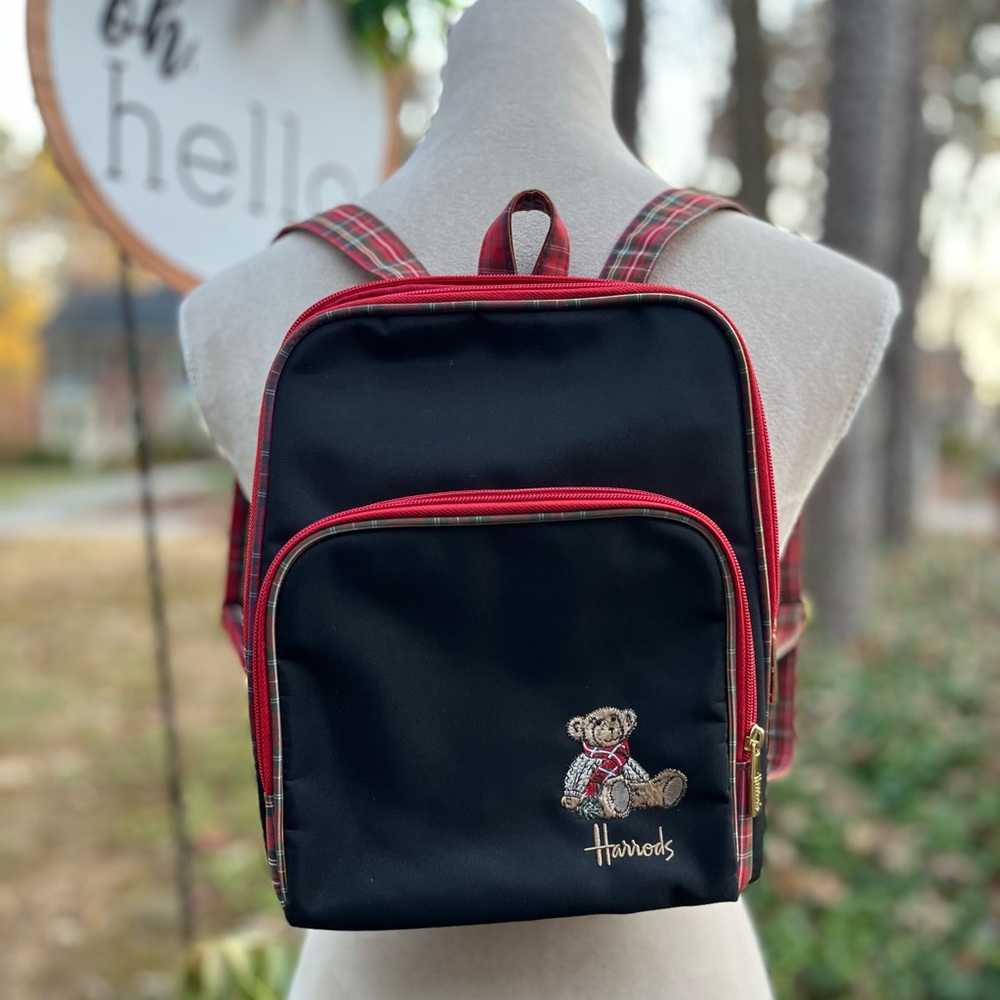 RARE ✨Harrods Bear Logo Vintage Backpack, Black + Red Plaid, EUC